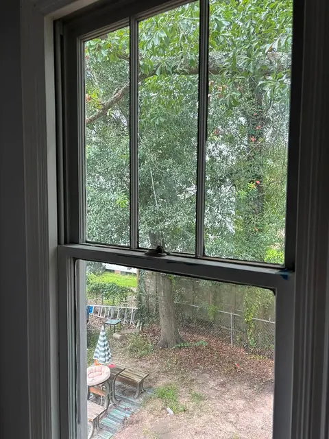 Double-hung window with painted trim looking out to a tree-lined yard